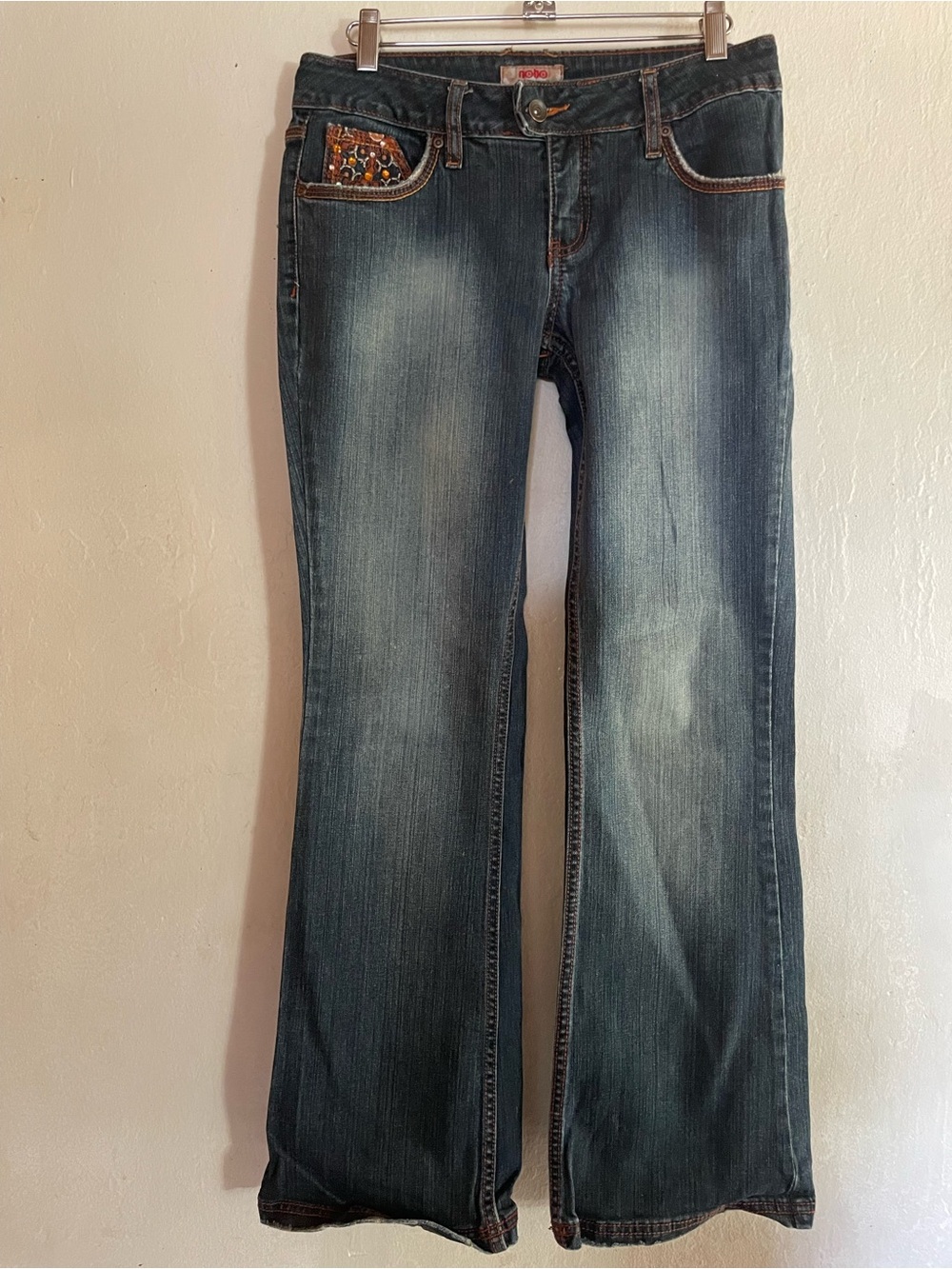 NOBO Y2K Dark Blue Flare Jeans with Embellished Pocket Mid Rise